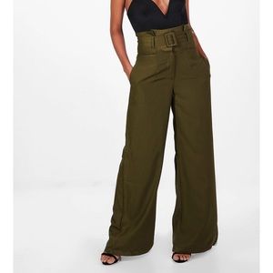 Ultra high waist, wide leg belted paperbag pants